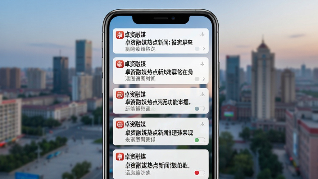 卓资融媒热点新闻推送功能示意图,手机屏幕弹出多条新闻通知,每条通知栏显示“卓资融媒”名称和新闻标题摘要,背景为城市风景模糊效果,突出实时推送概念,画面清晰,色彩自然,无多余元素