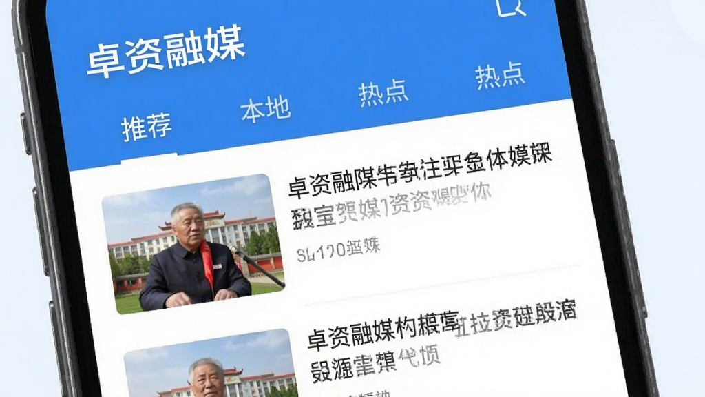 卓资融媒APP主界面预览图,手机屏幕显示“卓资融媒”新闻列表,首页顶部有“推荐”“本地”“热点”等标签栏,每条新闻配有缩略图和标题,整体布局简洁清晰,浅色背景,蓝色主题色,界面现代,画质干净,无多余元素