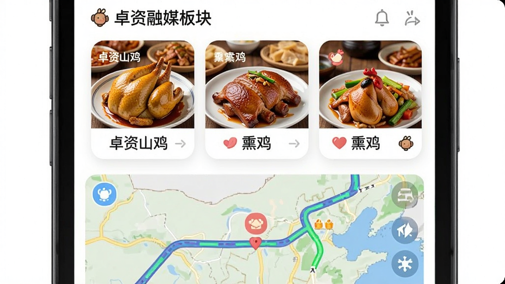 卓资融媒美食交通板块展示图,手机屏幕分为上下两部分,上半部分显示美食推荐卡片,有“卓资山鸡”“熏鸡”等字样及美食图片,下半部分显示交通路况地图,界面分区明确,图标可爱,整体风格清新,画质清晰,无多余元素