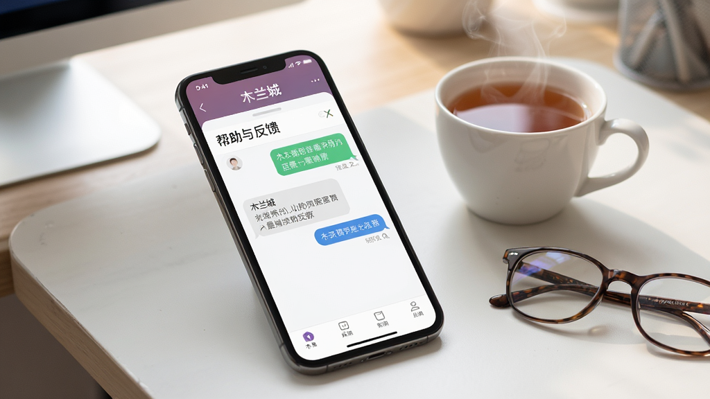 一张具有科技感的客服支持场景图,主体为一部手机,屏幕中显示木兰城应用的“帮助与反馈”界面,旁边有一杯热茶和一副眼镜。布局温馨,反应解决问题的氛围。排版清爽。风格为写实摄影风格图片。细节上,手机屏幕中需有“木兰城”客服对话窗口。画质干净,明亮。