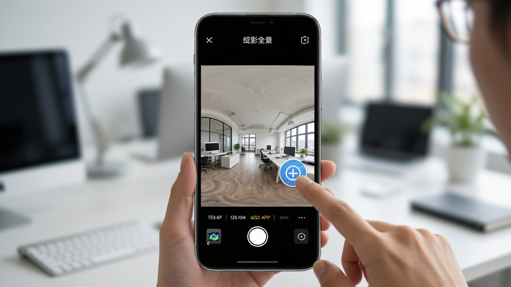 一张展示绽影全景APP在手机上进行全景图片编辑的场景,手机屏幕中显示一张室内全景图,用户手指正在点击添加热点图标,背景为模糊的办公环境,画面明亮清晰,强调“绽影全景”的易用性,高清画质,无多余元素