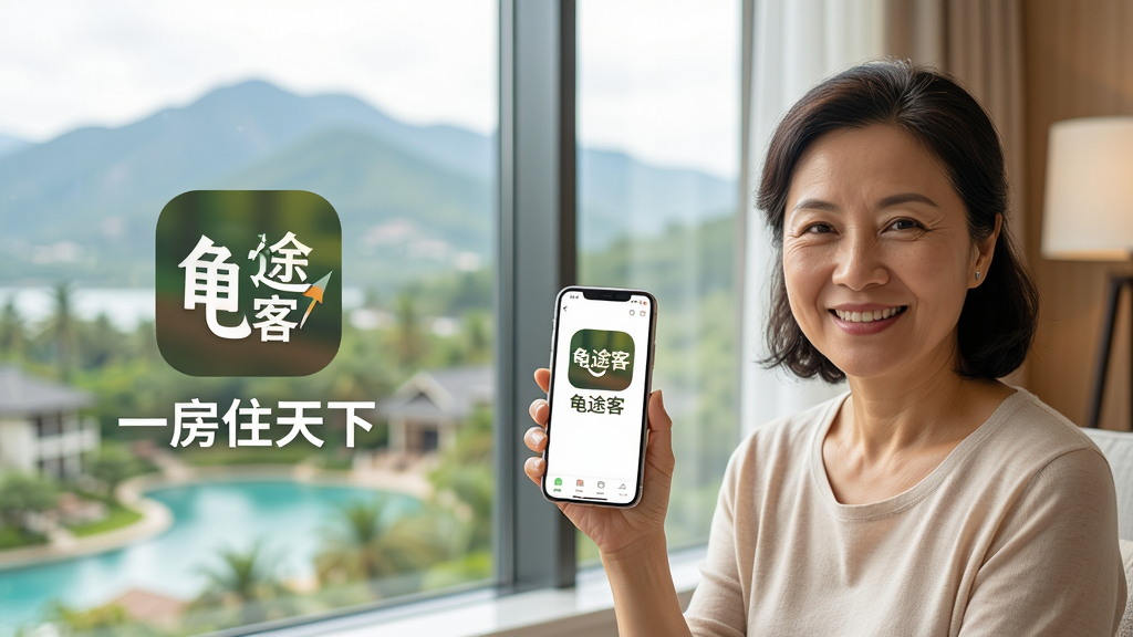 画面主体为一位面带微笑的中年女性,坐在明亮温馨的酒店式公寓落地窗前,手中拿着手机展示“龟途客”APP界面;布局采用前景人物特写与背景窗外自然风景结合,体现换居场景;排版简洁,人物位于画面右侧三分之一,左侧留白放置“龟途客”应用图标与“一房住天下”文字;风格为现代生活摄影写实风,色彩明亮温暖;细节需呈现手机屏幕上的“龟途客”字样的应用图标,窗外隐约可见度假区山景;画质高清细腻,干净无多余元素。