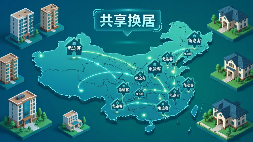 图片主体为一张中国地图,地图上分布着多个带有“龟途客”标识的房屋图标,并用发光的连接线串联起来,象征全国换居网络;布局采用地图居中,四周环绕住宅楼、酒店、别墅的3D缩略模型;排版清晰,图标大小错落有致;风格为科技感插画风,蓝绿色调为主;细节需突出“龟途客”文字标识,在地图上方悬浮“共享换居”字样;画质通透干净,无多余杂物。