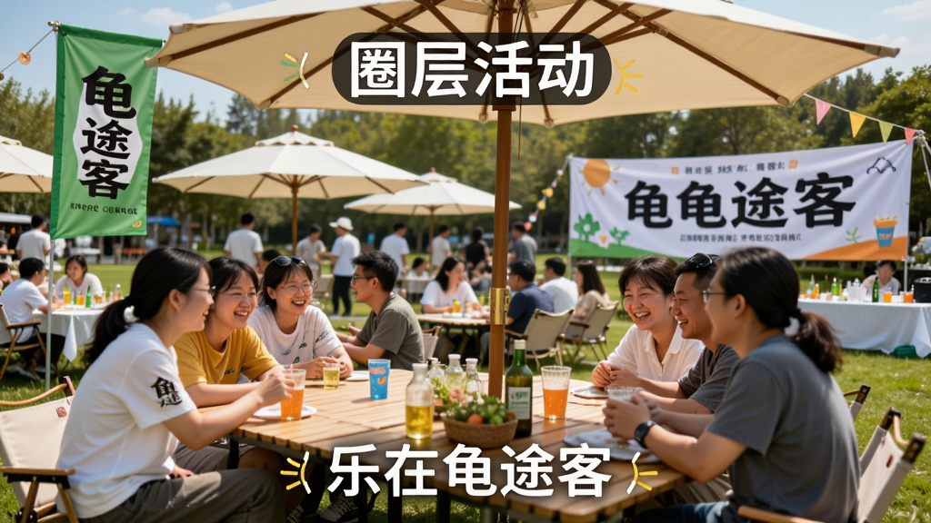 图片主体为一场热闹的户外聚会,草地上摆放着长桌和遮阳伞,参与者们正在轻松交谈,背景是“龟途客”旗帜和横幅;布局采用全景式构图,人物自然分布,营造欢快氛围;排版将“圈层活动”标识置于画面上方,下方点缀“乐在龟途客”字样;风格为写实摄影风,阳光明媚,色彩鲜艳;细节需捕捉人物笑脸与互动瞬间,并确保旗帜上的“龟途客”文字清晰可见;画质锐利干净,无多余元素。