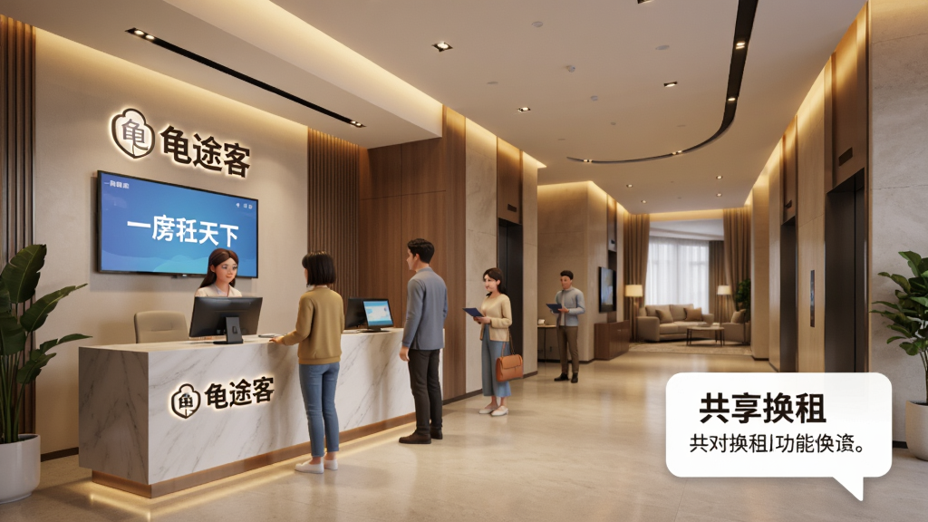 画面主体为一栋现代化的公寓建筑,一楼大堂设有“龟途客”接待台,几位不同年龄的租客正在办理入住;布局采用室内透视构图,从大厅延伸至电梯区域,展示房源内部装修;排版将“共享换租”功能说明以对话框形式浮于画面右下角;风格为写实3D渲染风,暖色灯光营造温馨氛围;细节需在接待台背景墙清晰呈现“龟途客”Logo,以及前台电子屏显示“一房租天下”字样;画质精美干净,无多余元素。