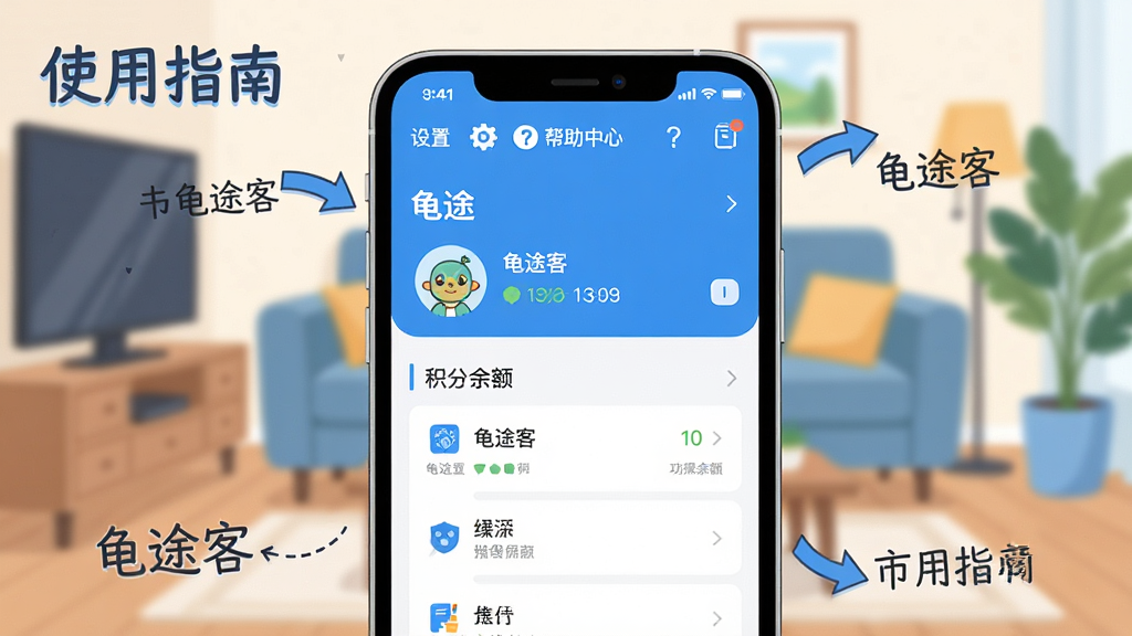 画面主体为一部智能手机横屏显示“龟途客”APP的“我的”页面,背景是模糊的客厅,手机屏幕上方有“设置”、“帮助中心”等图标;布局采用手机居中特写,周围配以操作说明箭头和文字注释;排版清晰,突出“使用指南”字样;风格为扁平化插画风,以蓝色和白色为主;细节需呈现屏幕上的“龟途客”头像、积分余额和功能列表;画质干净无多余元素。