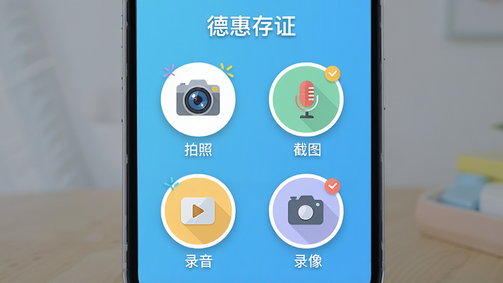 主体:德惠存证APP的取证工具页面,展示六个圆形功能按钮,分别对应拍照、截图、录音、录像等。布局:网格排列,每个按钮下方有中文标签。排版:界面顶部显示“德惠存证”,整体UI清新简洁。风格:扁平化设计,搭配柔和阴影,色彩明快。细节:每个图标都带有小装饰,如相机镜头、麦克风等。画质:高清,干净无杂物。
