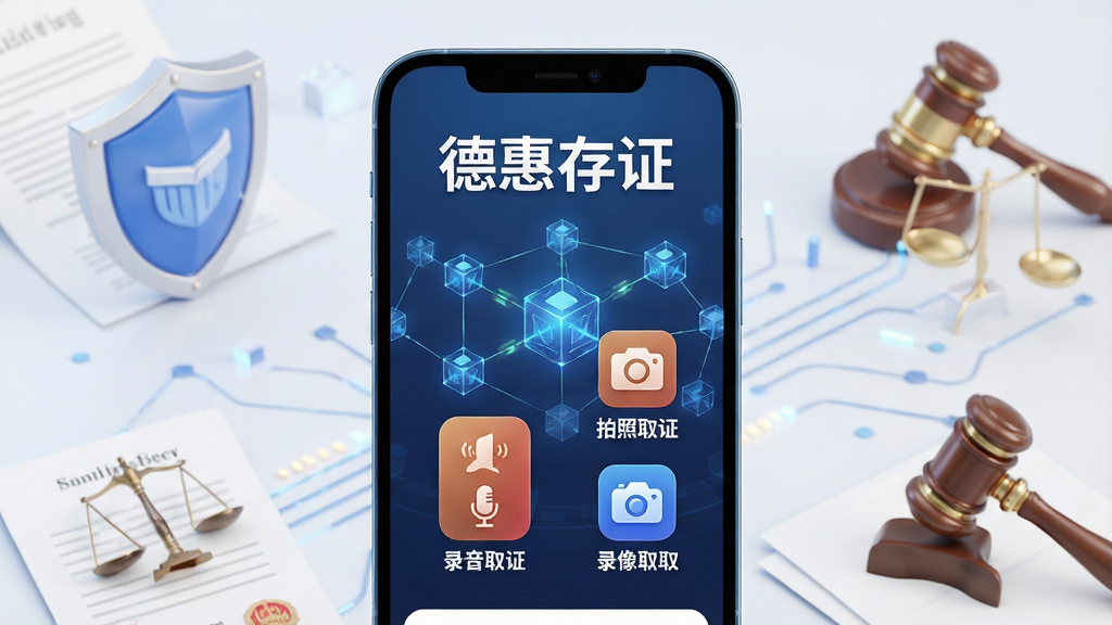 主体:手机屏幕展示德惠存证APP主界面,界面清晰显示“拍照取证”“录音取证”“录像取证”等核心功能图标,背景为简洁的区块链网络节点连接图形。布局:手机居中,界面元素有序排列,周围辅以盾牌、法律文书等元素。排版:突出APP名称“德惠存证”字样,功能图标环绕分布。风格:现代科技感与法律严肃性结合,高清3D渲染。细节:画面干净明亮,光线柔和,文字清晰可辨。画质:超高精度,干净无多余元素。