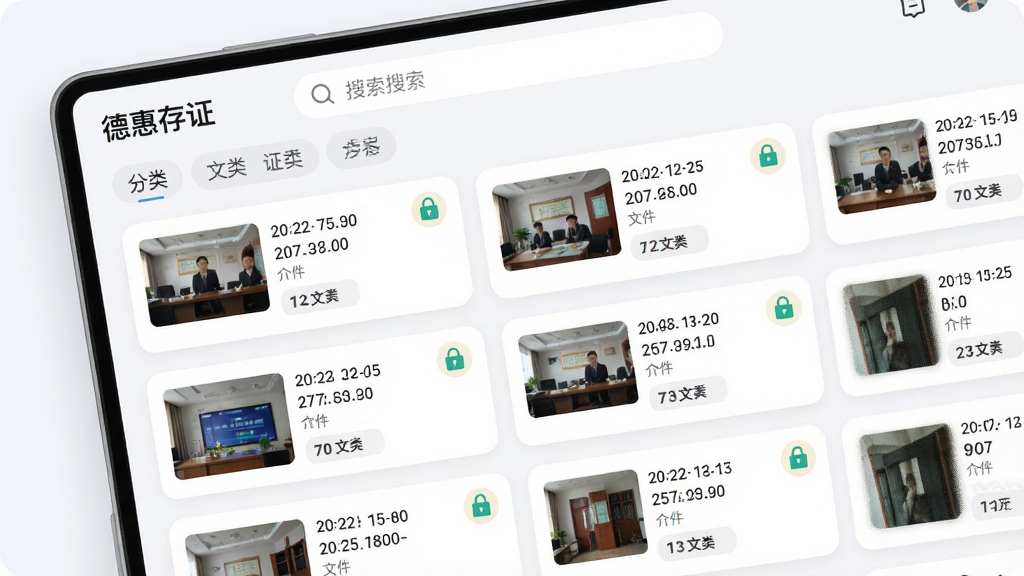 主体:德惠存证APP的证据管理界面,显示多个证据卡片,每个卡片包含缩略图和文件信息。布局:列表式布局,顶部为搜索栏和分类标签。排版:界面左上角显示“德惠存证”,证据卡片排列整齐。风格:现代简约风,浅色背景,圆角卡片设计。细节:卡片上带有时间戳和文件大小标识,安全锁图标点缀。画质:高分辨率,干净整洁。