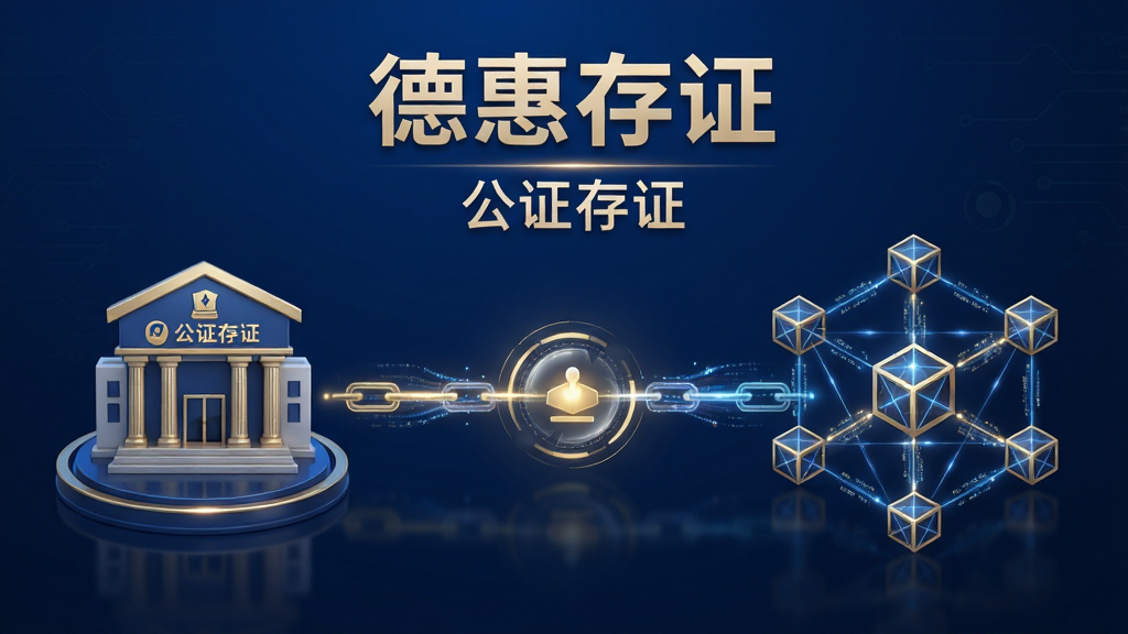 主体:德惠存证APP的“公证+区块链”功能展示界面,左侧为公证处大楼图标,右侧为区块链节点网络,中间通过发光的链接线连接。布局:左右对称,中央视觉焦点。排版:界面顶部标注“德惠存证”名称,下方辅以“公证存证”字样。风格:商务科技风,蓝金色调,高清渲染。细节:节点间有数据流动光效,整体庄重而现代。画质:超清,无多余元素。