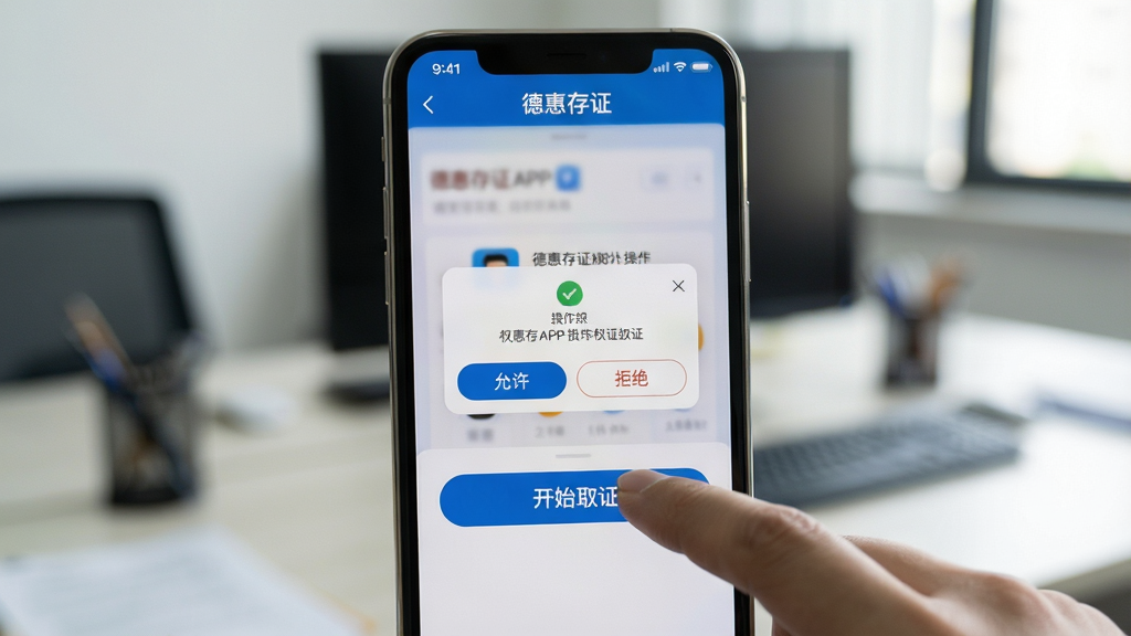 主体:手机屏幕显示德惠存证APP的操作界面,用户正在点击“开始取证”按钮,屏幕上有权限授权弹窗。布局:手机占据画面中央,背景为模糊的办公环境。排版:界面清晰标注“德惠存证”,操作按钮醒目。风格:写实摄影风格,光线自然。细节:弹窗上有“允许”和“拒绝”选项,手指点按动作清晰。画质:高清,无多余元素。