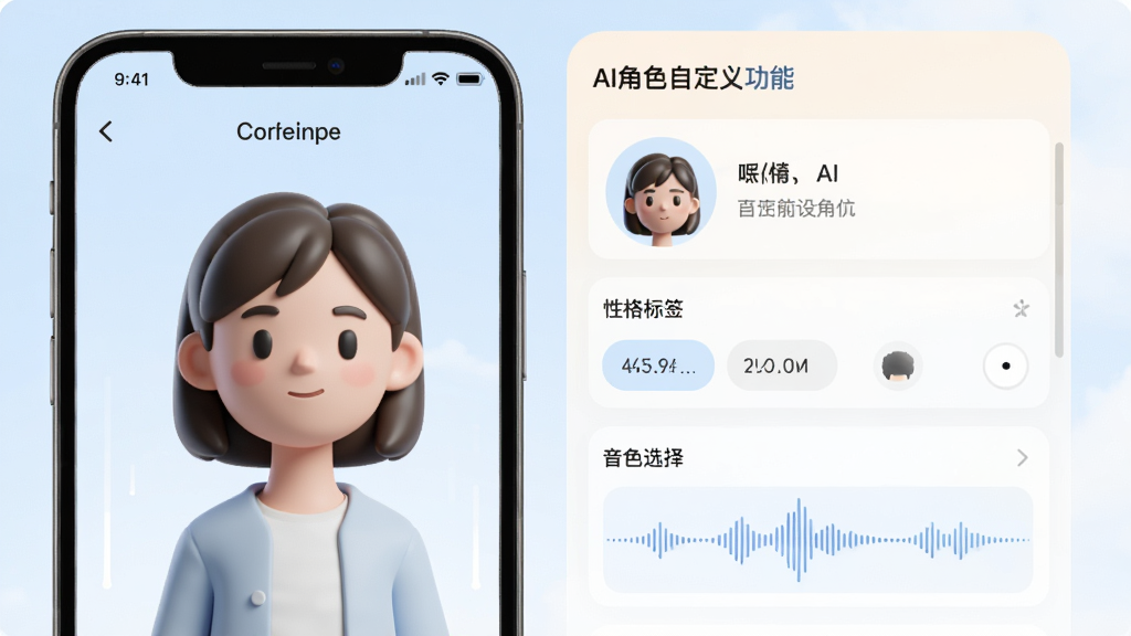 主体:手机应用界面展示“恋恋口语”的AI角色自定义功能,包括头像、性格标签和音色选择。布局:左侧为角色形象展示,右侧为详细的设置选项列表。排版:界面简洁明了,选项排列整齐。风格:清爽的UI设计,色彩柔和。细节:角色形象立体,音色选项有波形图示意。画质:高分辨率,干净,无多余元素。