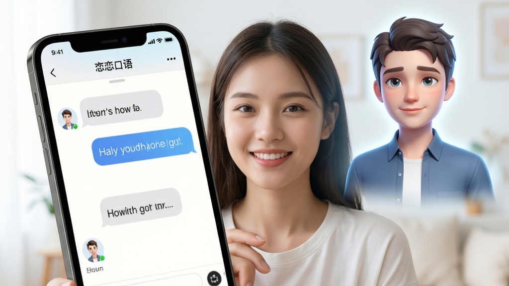 主体:一位年轻女性用户正微笑着面对手机屏幕,手机界面显示“恋恋口语”聊天窗口,与一个AI虚拟男友形象对话。布局:画面左侧为手机特写,右侧为虚拟形象半身投影,形成互动感。排版:突出手机界面,虚拟形象占据右上角。风格:现代科技感结合温馨日常,明亮通透。细节:手机屏幕上显示英文对话气泡,虚拟形象面带温柔表情。画质:4K超清,干净,无多余元素。