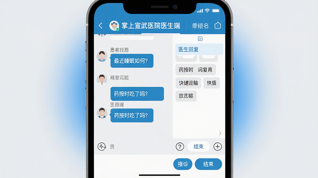 ���壺�ֻ���Ļ�Ŵ�չʾ����������ҽԺҽ���ˡ����߸���������棬����ǻ��������б����Ҳ���ҽ���ظ��򣬰�����ݻظ�������֣������ͼ����չʾ������Ϊǳ��ɫ����������͵���ɫ���Ρ��Ű棺���������������������ݿɶ��������л��߻�����Ϣ��ǩ���ײ��С����������������ť����񣺱�ƽ��UI��ƣ�ҽ������ɫ����������졣ϸ�ڣ�ģ����͸���Ի����硰���˯����Σ�������ҩ��ʱ�����𣿡�������ɾ�רҵ�����ʣ����壬����Ԫ��������ɫ��׼ȷ���ɾ����޶���Ԫ�ء�