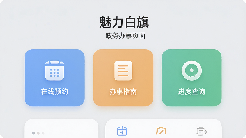 展示“魅力白旗”政务办事页面,界面中显示“在线预约”、“办事指南”、“进度查询”等图标卡片,背景为浅灰色,卡片圆角设计,色彩柔和,整体商务感强,细节精致,画质高清,干净无多余元素。