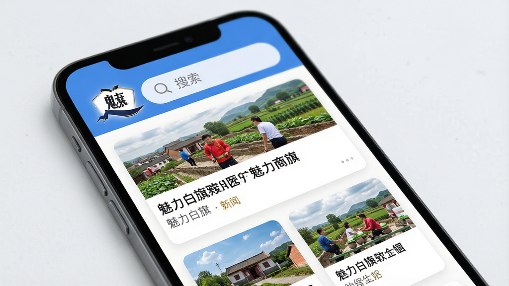 手机屏幕上展示“魅力白旗”新闻资讯页面,顶部为搜索栏,下方为信息流卡片,包含图片和标题,页面风格清新,布局规整,UI设计现代,细节丰富,画质高清,干净无多余元素。