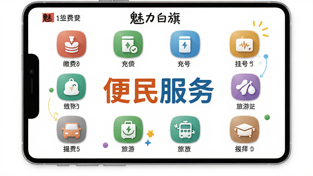 展示“魅力白旗”生活服务主界面,背景为白色,功能图标整齐排列,包含缴费、充值、挂号、旅游等,中心位置突出“便民服务”字样,图标色彩丰富但和谐,界面活泼,细节到位,画质高清,干净无多余元素。