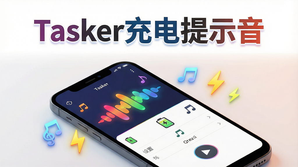 主体:一部智能手机平放在桌面,屏幕亮起显示Tasker充电提示音应用界面,界面中有多彩的音波图案和电池图标,周围环绕着音符和闪电符号。布局:手机位于画面中央偏下,上方留白区域浮现出“Tasker充电提示音”的艺术字标题,整体视觉重心集中。排版:标题醒目,应用界面清晰可见,元素错落有致。风格:现代扁平化设计,色彩鲜艳明快,搭配柔和的光影效果。细节:手机屏幕内展示着设置列表和播放按钮,音符与闪电符号带有发光效果,画面干净无多余杂物。画质:高清渲染,细节丰富,色彩过渡自然,整体画面干净无多余元素。