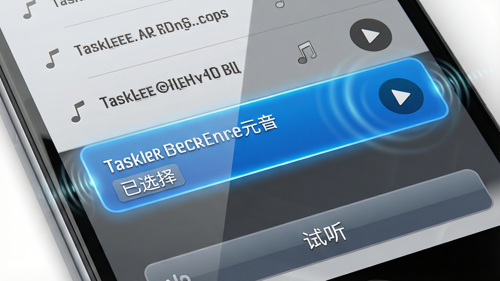 主体:一个手机屏幕特写,显示Tasker充电提示音的提示音选择列表,列表项旁有播放按钮和音符图标,其中一条被高亮选中。布局:手机屏幕占据整个画面,列表从上到下排列,选中项放大突出。排版:列表清晰,选中项带有“已选择”标签,屏幕底部有“试听”按钮。风格:简洁的UI界面风格,高光与阴影处理细腻。细节:高亮项周围有细小的音波扩散效果,屏幕反射光泽,画质干净清晰。画质:超清画质,UI细节锐利,色彩饱满,无多余元素。