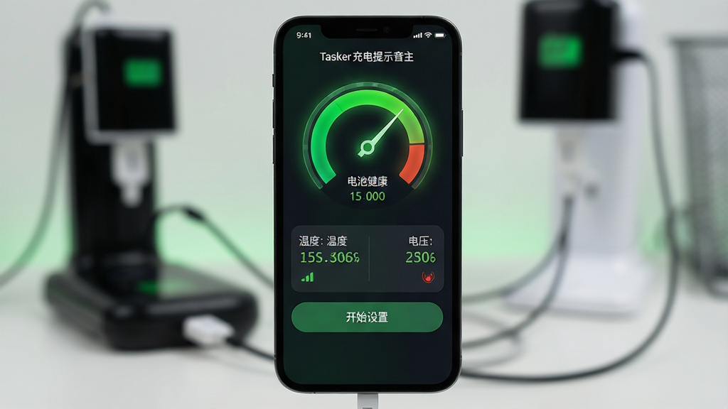 主体:一部手机正在充电,屏幕显示Tasker充电提示音的主界面,界面中有一个“电池健康”的仪表盘,指针指向绿色区域,旁边有温度与电压数值。布局:手机竖屏位于画面中央,界面元素清晰可见,背景为虚化的充电场景。排版:电池仪表盘位于屏幕上方,下方有“开始设置”按钮。风格:简洁商务风格,绿色与深色背景搭配。细节:仪表盘带有发光效果,数据文字清晰,画面干净无多余元素。画质:高清渲染,细节丰富,色彩对比度高,无多余元素。