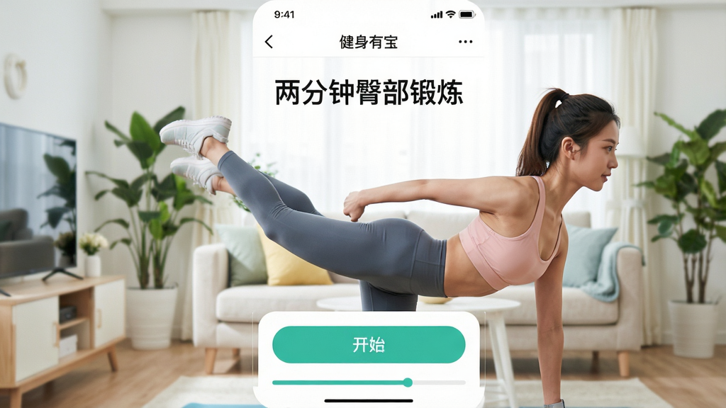 一张“健身有宝”App内训练课程展示页截图,画面中一位年轻女性正在做臀部训练动作,屏幕上方显示“两分钟臀部锻炼”字样,下方有开始按钮和课程进度条,背景为明亮客厅,整体风格清新自然,画质干净,无多余元素。