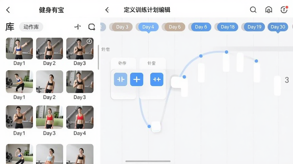 一张“健身有宝”App自定义训练计划编辑界面截图,屏幕显示动作库列表和计划时间轴,用户正在拖拽动作图标,界面有“Day1”至“Day30”标签,整体设计简洁,背景为浅白色,画质干净,无多余元素。