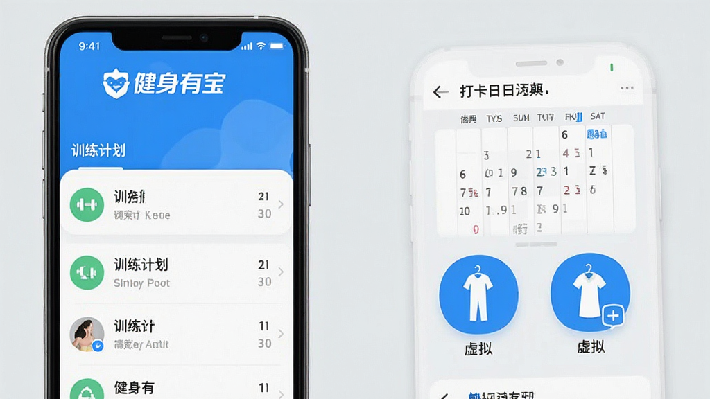 一张展示“健身有宝”App主界面的高清手机截图,屏幕内显示训练计划列表、打卡日历和虚拟衣橱图标,整体布局简洁现代,色彩明快,以蓝色和白色为主色调,背景为浅灰色,突出App名称“健身有宝”的Logo,画质干净,无多余元素。