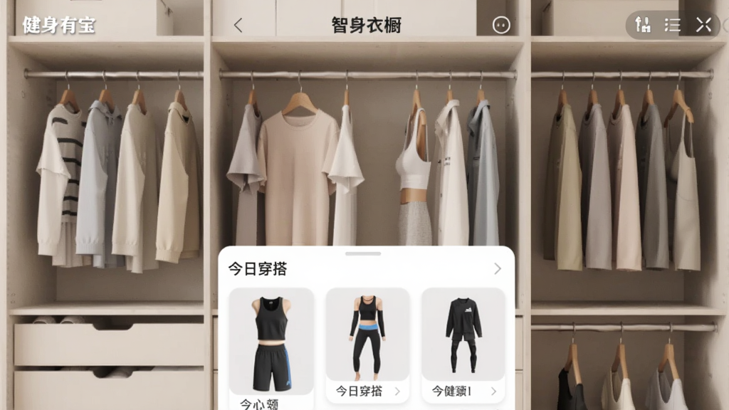 一张“健身有宝”App智能衣橱界面截图,画面展示衣橱内衣物分类排列,下方有“今日穿搭”推荐卡片,显示运动风格搭配,背景为简约衣柜,整体色调柔和,画质干净,无多余元素。