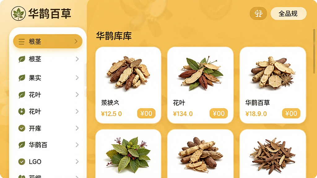 画面主体为“华鹊百草”平台药材库界面截图,左侧分类栏展示根茎、果实、花叶等目录,右侧商品卡片整齐排列,主色调为暖黄与白色,界面圆润友好,排版清晰,细节包括药材缩略图与价格标签,画质高清干净,屏幕内显示“华鹊百草”LOGO与“全品规”字样。
