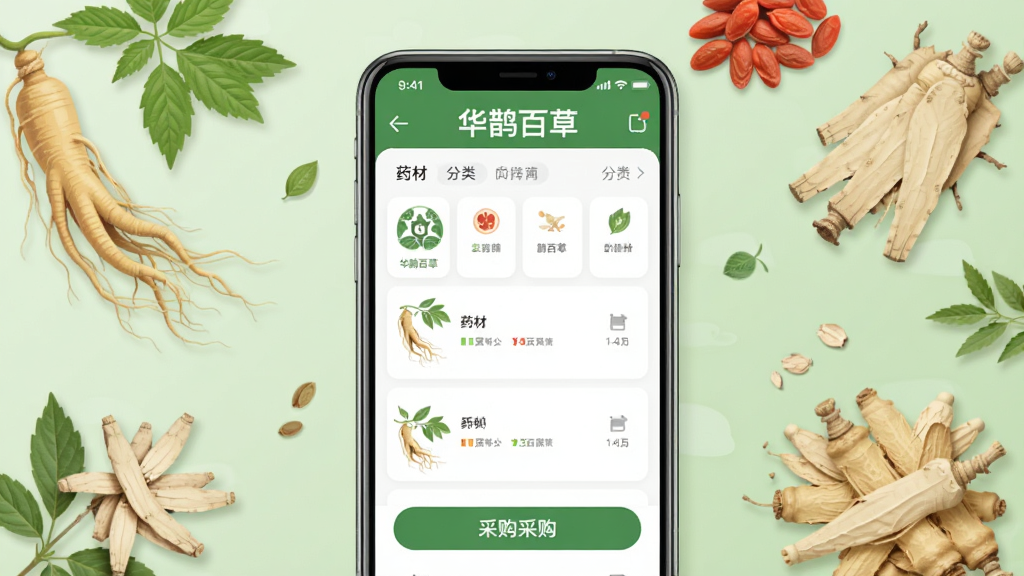 画面主体为“华鹊百草”APP界面展示图,居中摆放一部智能手机,屏幕显示药材分类列表与采购按钮,背景为淡绿色中医药材元素,如人参、枸杞、当归等,布局简洁现代,扁平化设计风格,细节清晰,画质高清干净,无多余元素,屏幕内文字突出“华鹊百草”名称。