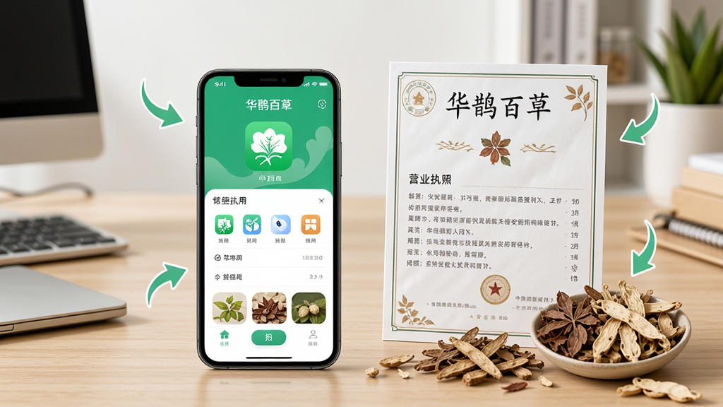 画面主体为“华鹊百草”APP安装与使用教程场景图,一部手机屏幕显示应用主界面,旁边摆放一张营业执照与中药材样品,背景为办公桌面,布局干净规整,带箭头指示标注,风格为清晰的信息图,细节丰富,画质高清,无多余元素。