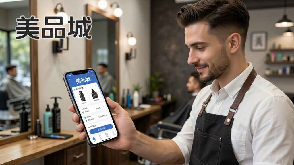 美品城app使用场景图,展示一位理发师正在使用手机浏览美品城订购产品,背景为理发店环境,画面自然,带有“美品城”文字标识,采用写实风格,画质清晰,干净无多余元素。