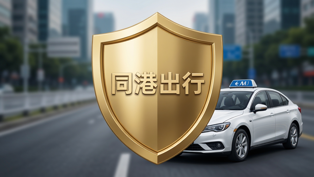 同港出行司机端安全认证与合规保障示意图,画面主体为一枚金色盾牌图标,盾牌中心有“同港出行”字样,背景为虚化的城市道路和一辆干净的网约车,整体风格庄重可靠,布局稳重,细节精致,画质高清,干净无多余元素