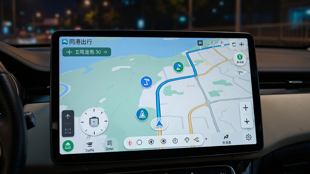 同港出行车辆驾驶途中大屏导航与安全功能界面,主体为车内中控大屏特写,屏幕展示“同港出行”导航地图,画面有清晰路线和蓝绿色安全提示图标,环境为夜间行车氛围,风格具有科技感与安全感,布局合理,细节到位,画质高清,无多余元素
