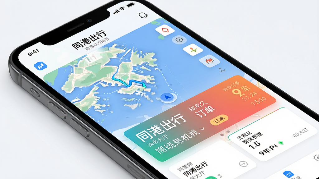 同港出行网约车司机端应用界面预览图,主体为一部智能手机屏幕特写,屏幕中清晰显示“同港出行”司机接单大厅界面,包含地图导航路线和醒目的订单卡片,布局简洁明快,风格现代科技感,细节丰富,画质高清干净无多余元素