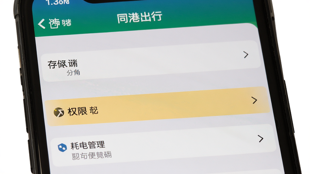 同港出行司机手机端App设置与权限管理界面,画面展示手机设置菜单中“同港出行”应用信息页,包含存储、权限、耗电管理等选项,部分选项高亮标注,风格清晰实用,布局直观,细节真实,画质高清,无多余元素
