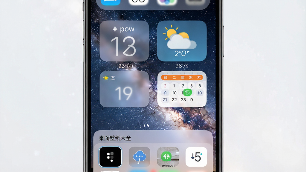 桌面壁纸大全应用的小组件编辑界面,手机屏幕上显示添加了时间、天气、日历等小组件的桌面效果,壁纸为一张唯美的星空图,小组件采用毛玻璃半透明设计,界面下方有“桌面壁纸大全”字样和组件样式选择列表,整体风格清新简约,排版合理,画质高清,无多余元素