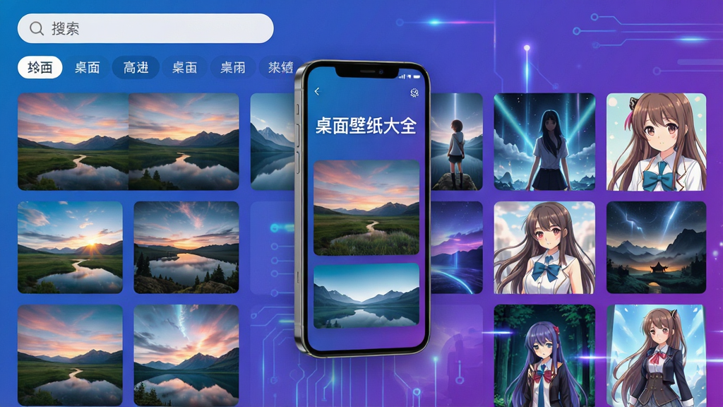 手机屏幕展示桌面壁纸大全应用界面,主界面有精美的风景与动漫壁纸缩略图网格布局,顶部有搜索栏和分类标签,中央悬浮一部手机模型,屏幕上显示“桌面壁纸大全”字样及高清壁纸预览,背景为渐变蓝紫色,科技感与艺术感结合,排版干净整洁,画质高清,细节丰富,无多余元素