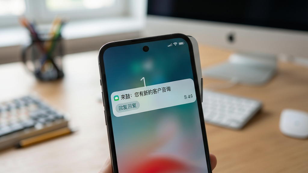 手机锁屏界面显示来鼓推送通知,背景为办公桌面,通知内容显示