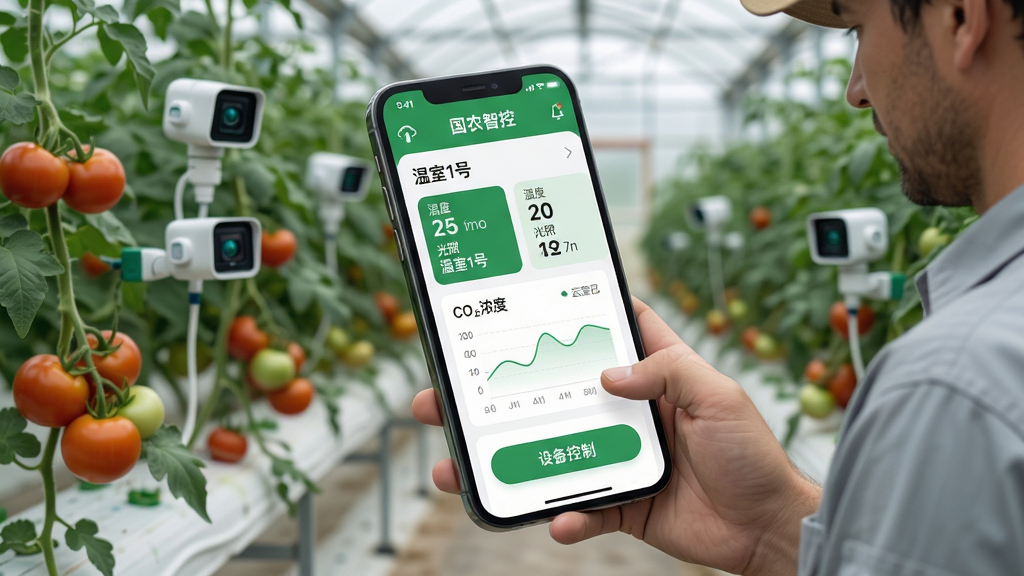 主体:国农智控APP界面在智能手机上显示,背景是现代化温室大棚内部,番茄植株整齐排列,传感器节点与摄像头清晰可见,一名农民正在查看手机屏幕。布局:手机屏幕居中略微倾斜,界面显示温度、湿度、光照、CO2浓度数据卡片,绿色主色调,下方有“设备控制”按钮;背景大棚景深虚化,突出手机屏幕内容。排版:手机UI图标简洁,数据用大号数字与单位标识,图表采用折线图样式,整体信息层级分明。风格:写实风格结合扁平化UI,色彩明亮清新,科技感与农业场景融合。细节:屏幕中显示“国农智控”字样与“温室1号”设备列表,顶部状态栏显示“云端已连接”,按钮为圆角矩形;画面干净,无多余杂物。画质:8K超高清,光线自然柔和,细节丰富,无噪点,干净,无多余元素。