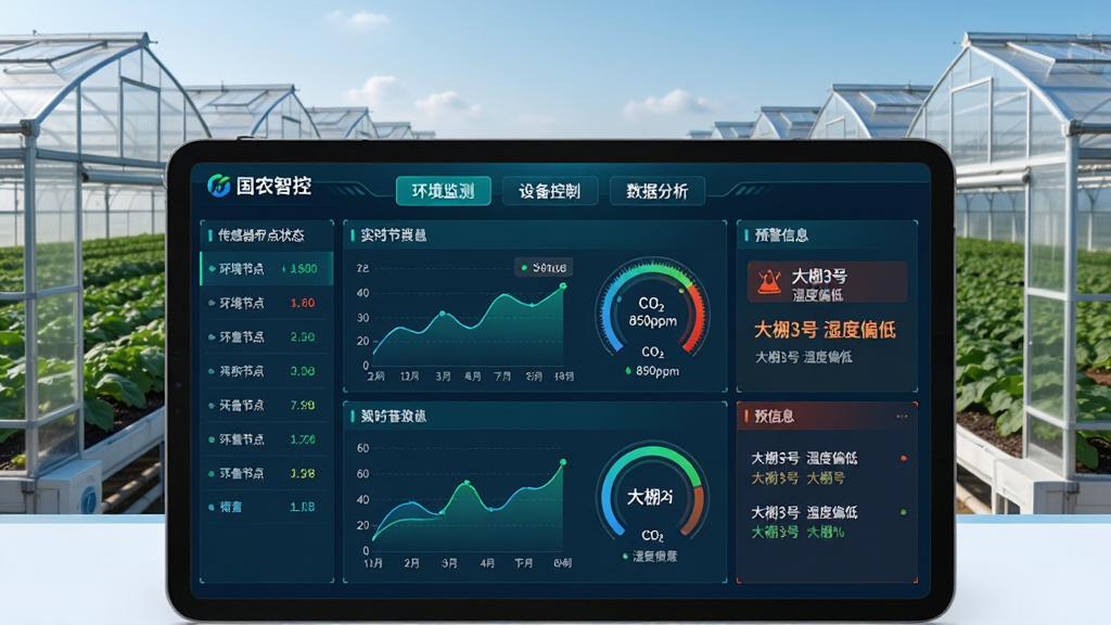主体:国农智控软件的数据监控大屏页面,背景是多个温室大棚的外景。布局:前景是平板电脑屏幕,屏幕内展示各类环境参数的实时折线图与环形仪表盘,左侧列表显示传感器节点状态,右侧为预警信息;背景大棚排列整齐,天空晴朗。排版:图表采用蓝绿色系,数据标签清晰,仪表盘刻度精细,整体信息密度高但有序。风格:科技感数据可视化风格,界面光亮整洁,现代化农业氛围。细节:屏幕左上角显示“国农智控”Logo,顶部标签有“环境监测”“设备控制”“数据分析”,其中一个仪表盘标注“CO2 850ppm”,预警区域显示“大棚3号 湿度偏低”的提示,画面干净无多余元素。画质:高清渲染,细节锐利,色彩真实,无噪点,干净。