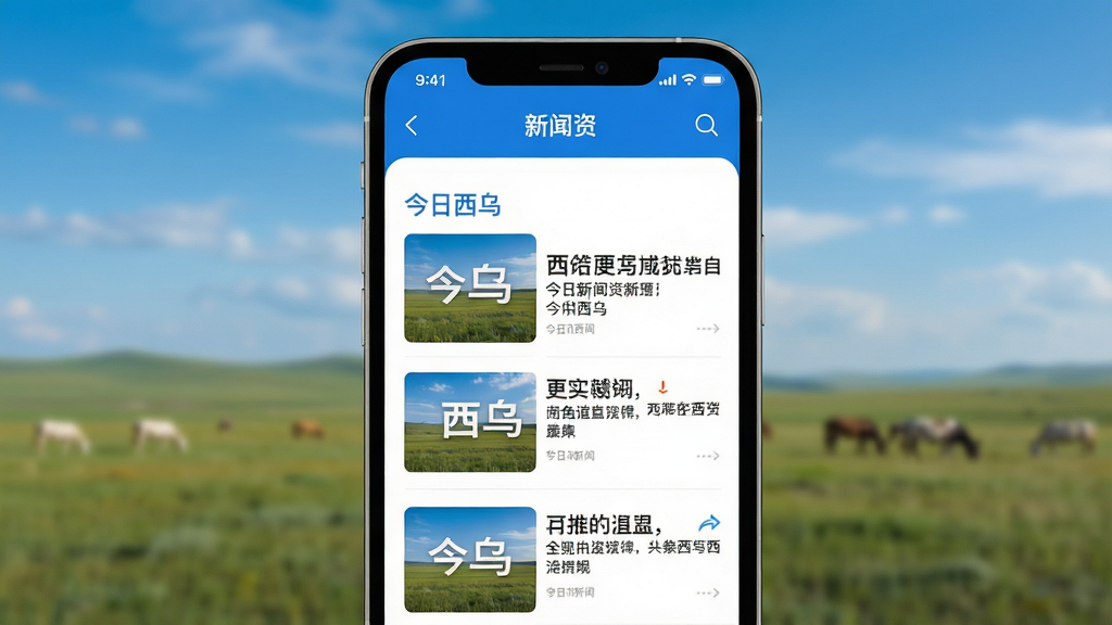 智能手机展示多彩西乌APP的新闻资讯页面,屏幕内列表项配有“今日西乌”头条新闻的缩略图和标题,背景虚化为草原与蓝天,界面清爽,UI设计现代,色彩以蓝白为主,画质高清,构图干净,无多余文字