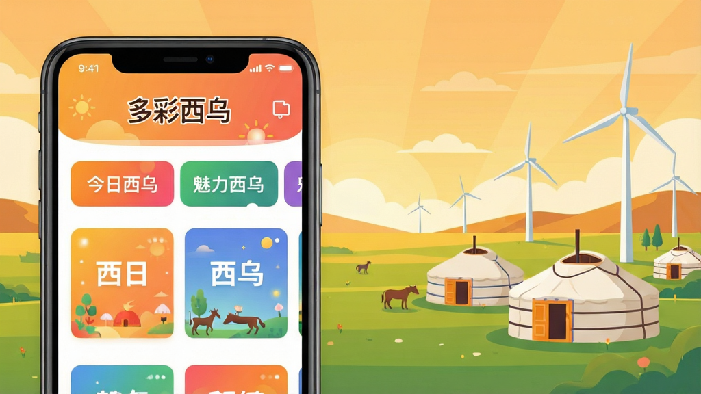 一幅展现多彩西乌APP核心全貌的宽幅数字插画,画面左侧是智能手机屏幕特写,屏幕上清晰显示“多彩西乌”APP的首页界面,包含“今日西乌”、“魅力西乌”等彩色标签栏,右侧背景融合了西乌旗草原、蒙古包、风力发电机的实景风光,色调明亮温暖,风格现代扁平化,构图平衡,画质细腻干净,无多余元素