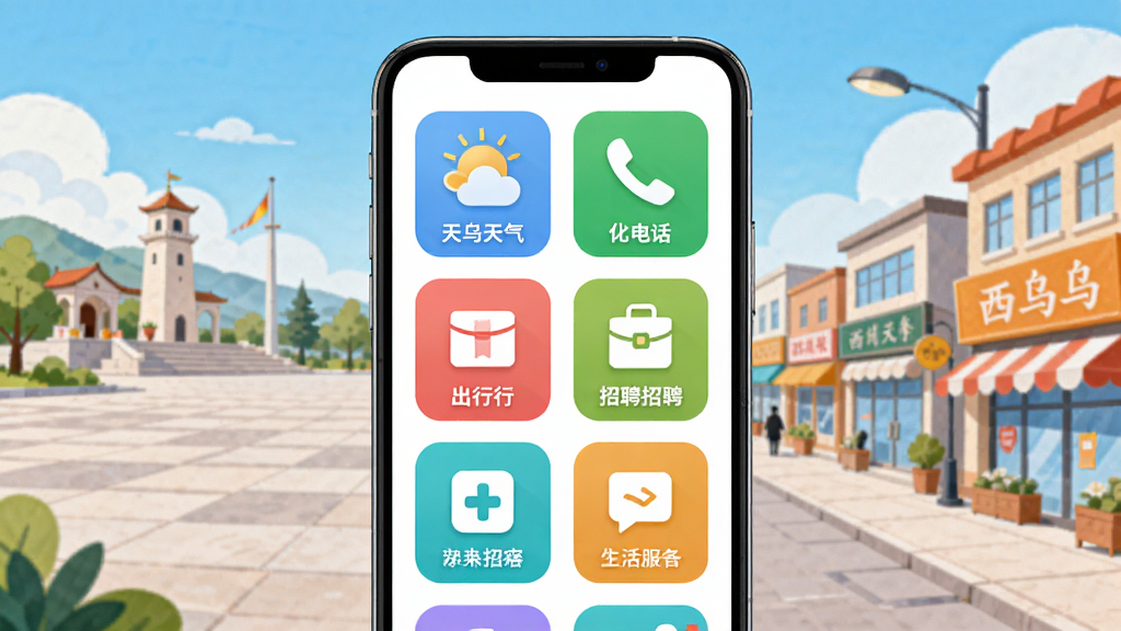 多彩西乌APP生活服务板块界面图,手机屏幕显示彩色功能图标矩阵,包括天气、电话、出行、招聘等,背景融入西乌旗广场与商业街景,插画风格清新,色彩明快,布局规整,画质细腻,无多余元素