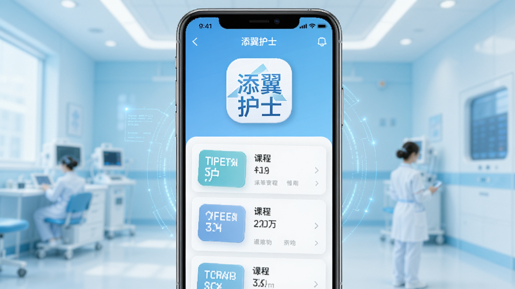 展示添翼护士APP主界面预览图,画面中央显示手机屏幕,屏幕内有“添翼护士”应用图标和课程列表界面,背景为浅蓝色医疗风格,干净明亮,科技感与专业感并存,高清渲染,干净无多余元素