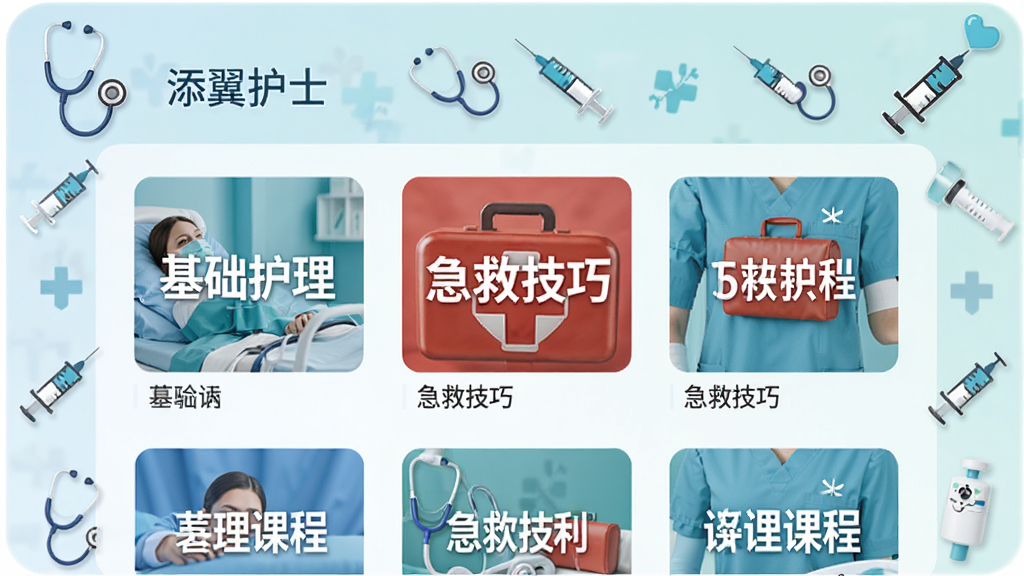 展示“添翼护士”课程列表界面,屏幕内显示多个课程封面缩略图,封面有“基础护理”“急救技巧”等文字,周围有听诊器、注射器等医学图标点缀,整体色调清新专业,高清画质,干净无多余元素