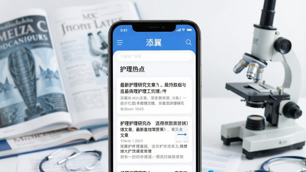 展示添翼护士APP的“护理热点”资讯页面,屏幕内展示最新护理研究文章摘要,背景有医学期刊、显微镜等元素,风格简约现代,突出专业感,高清画质,干净无多余元素