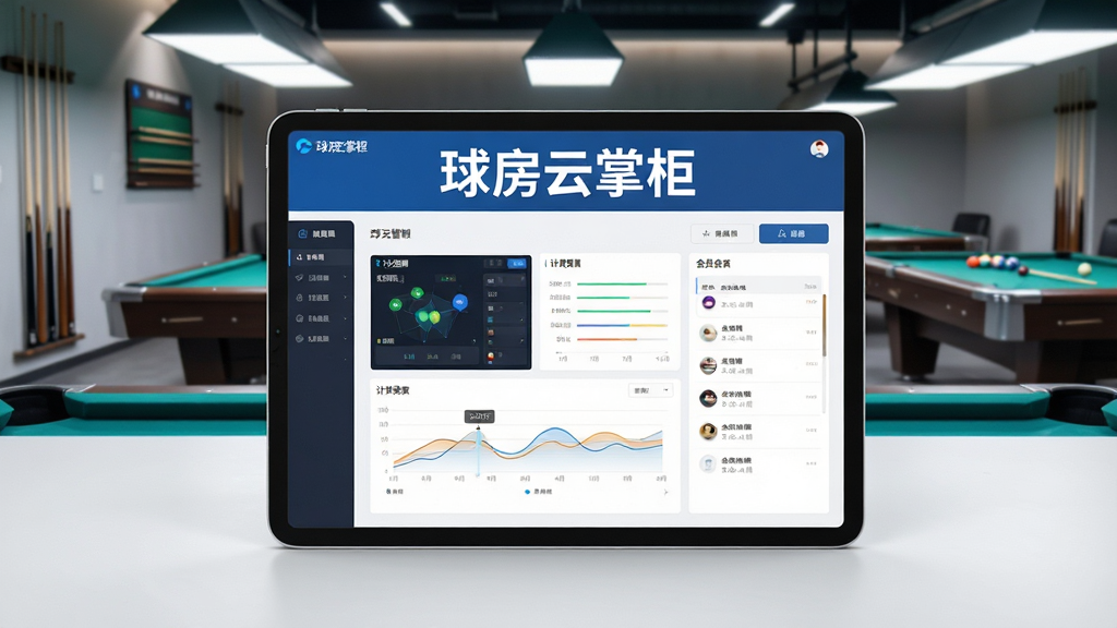 主体:球房云掌柜软件界面展示,画面中央是平板电脑,屏幕上清晰显示“球房云掌柜”字样及台球厅管理后台图表;布局:平板电脑居中放置,背景为台球厅实景,球桌、球杆等元素环绕;排版:简洁明快,主次分明,突出软件品牌与功能;风格:科技感与现代感结合,明亮光线,真实场景渲染;细节:屏幕内呈现灯光控制、计费面板、会员列表等UI元素,桌面干净整洁,无杂物;画质:高清逼真,干净,无多余元素。