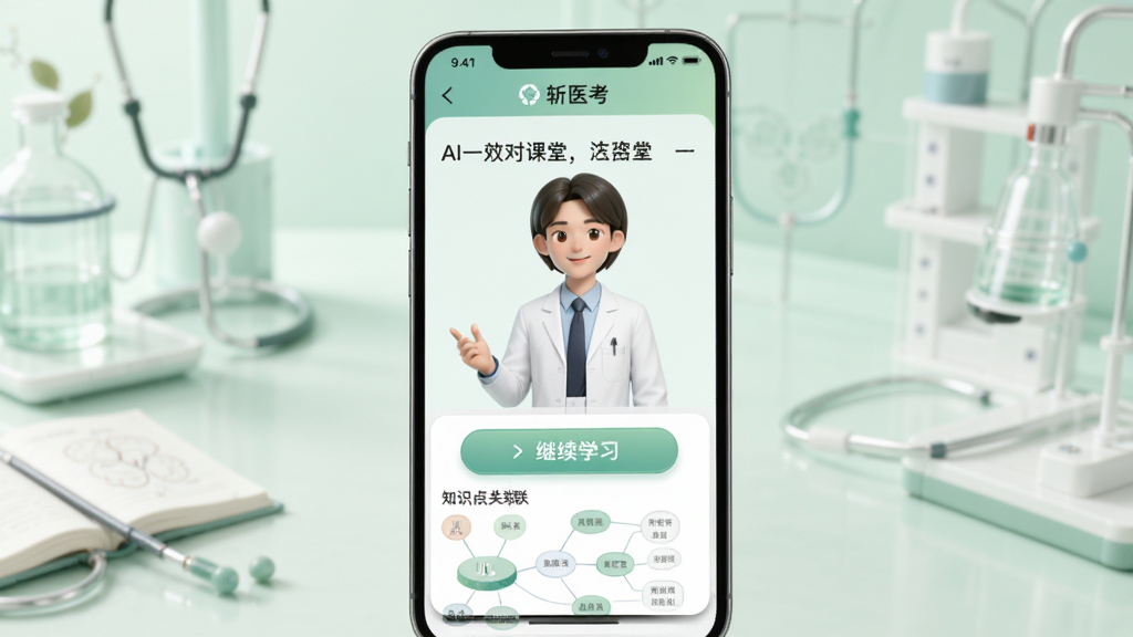 չʾ��նҽ����App��AIһ��һ���ý��棬����Ϊ�ֻ���Ļ����Ļ����AI��ʦ����ͽ������֣��·��С�����ѧϰ����ť��֪ʶ�����ͼ�ף�����Ϊ����ɫҽѧ��񣬲�����ˬ������ϸ�壬�ɾ��޶���Ԫ��