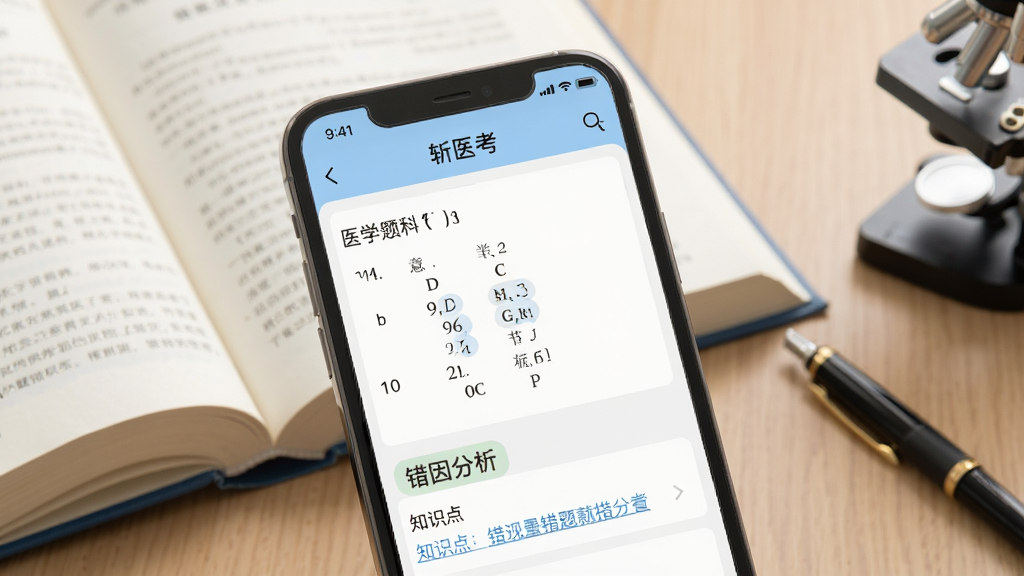 չʾ��նҽ����App�д��⾫�����棬����Ϊ�ֻ���Ļ����Ļ����ʾһ��ҽѧѡ����͡������������ǩ���·���֪ʶ�����ӣ�����Ϊ�鱾�ͱʣ������������ɫ����ͣ����ʸɾ����޶���Ԫ��